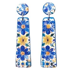 Spring Flower Earrings, Blue & Yellow Dangle Earrings, Handcrafted